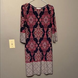 London Times Elegant Pink and Black Patterned Midi Dress